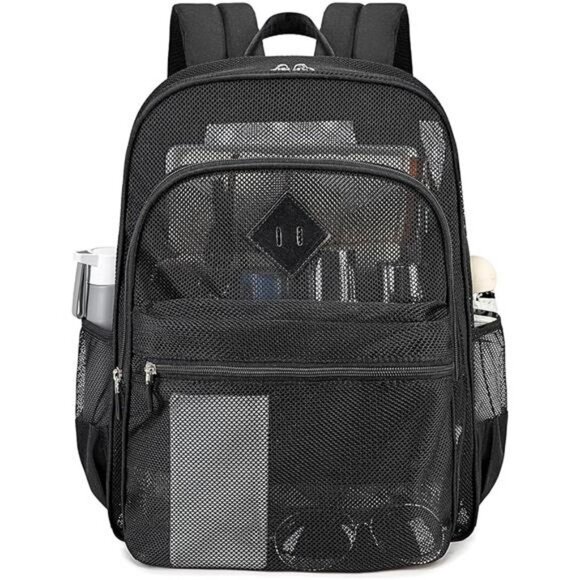 Heavy Duty Mesh Backpack See Through School Beach Travel Sports Transparent Bag - Picture 7 of 7
